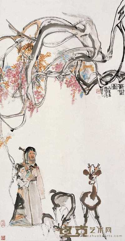 程十发 1987年作 长春图 立轴 131×68cm